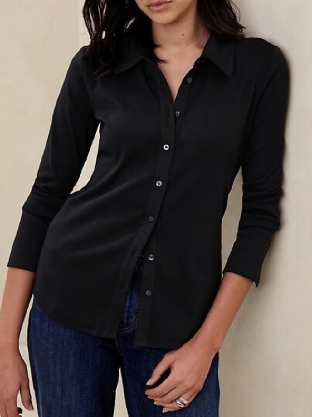 Banana Republic Factory Refined Ribbed Shirt Black size XS long sleeve blouse